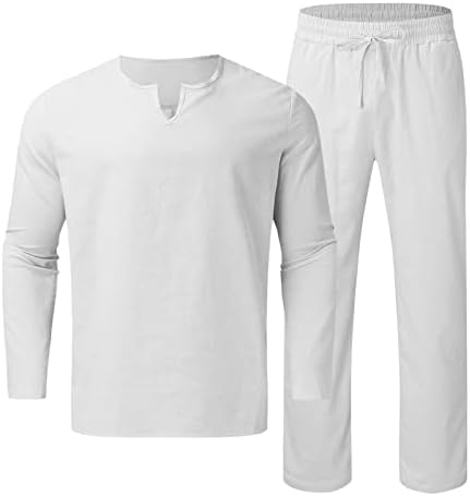 Calça terno conjunto de homens peças linho de algodão Henley camisa de manga longa e calças de praia casual pacote de terno
