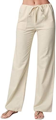 Mulheres calças de verão casuais de cor sólida algodão e pernas retas calças casuais simples