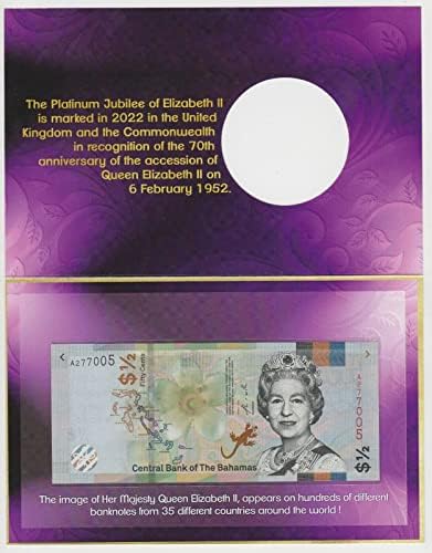 Rainha Elizabeth II 70 Aniversário 1952-2022 Pasta comemorativa + nota de Bahamas autêntica, Jubileu de Platina,