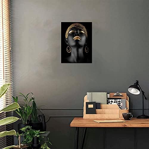 Poster Imprimir preto e dourado Black Woman Retrato Arte Decorações de casa Meditação Africano Girl Room Arte da parede Pintura de lona para sala de estar Decoração de decoração de parede 12x16inch Décoração de banheiro