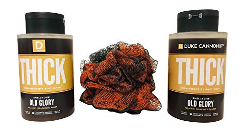 Duke Cannon Supply Co. Espesso de lavagem corporal de alta viscosidade para homens- cheiros como velha glória, 17,5 fl oz + Black Loofah