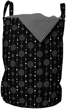Bolsa de lavanderia abstrata de Ambesonne, círculos em espiral monocromáticos pendurados linhas verticais geométricas modernas, cesto de cesto com alças fechamento de cordão para lavanderias, 13 x 19, cinza -carvão e branco