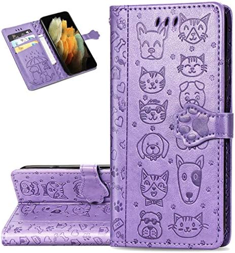 Szyz Samsung Galaxy S21 Caixa de telefone Ultra Wallet, Caixa de cano de couro de cão de gato de desenho animado