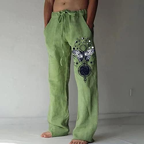 Calças masculinas, calças casuais de linho de algodão masculino Canda elástica de cordão de praia reta de ioga solta com bolsos