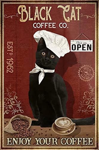 Sinais de lata de café vintage - sinais de metel de gatos - Retro Cafe decorativo decoração de parede Sinais de parede - Coffee de gato preto co. Aproveite seu café