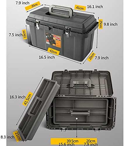 Caixa de ferramentas de caixa de ferramentas de organizador DMUniz Caixa de hardware pesado de serviço pesado com manivela de bandeja de armazenamento removível trava de metal segura para caixa de reparo de caminhão caixa de ferramentas