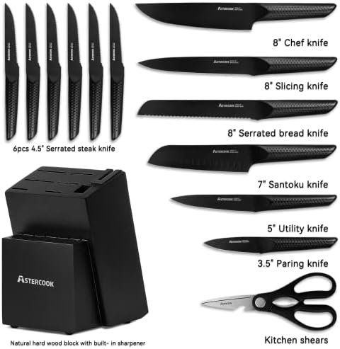 Conjunto de facas, Faca de cozinha de 15 peças com bloco, apontador de faca embutido, conjunto de bloqueio de aço inoxidável alemão, lava-louças seguro, preto elegante