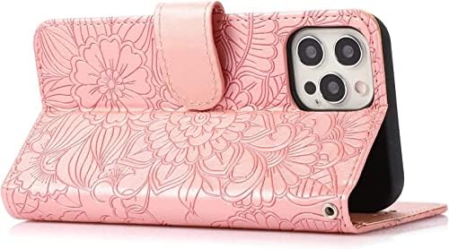 Caixa da carteira Adaara para iPhone 14/14 Pro/14 Max/14 Pro Max, Caso de Flor de Flor Magnético Premium PU Couather de couro, com tampa de flip de slots à prova de choque (cor: rosa, tamanho: 14 PR