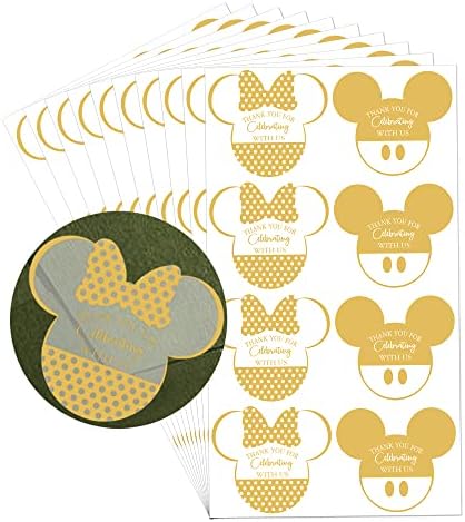 Gold Mickey/Minnie Mouse Obrigado por celebrar conosco 200 PCs Clear Mickey Minnie Birthday Party Favors Holiday Holiday Presente adesivos de papel alumínio dourado