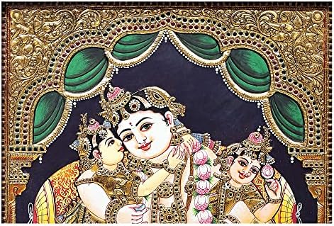 Índia exótica 19 x 23 Senhor Krishna com Rukmini e Satyabhama Tanjore Pintura | Cores tradicionais com 24K Go