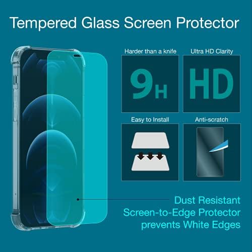 Feel Mobique Clear Case Compatível com o iPhone 12 e 12Pro com protetor de tela de vidro temperado de 9h [2pack], proteção de proteção de proteção à prova de choque de proteção militar capa fina de 6,1 polegadas