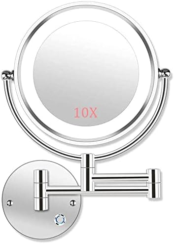 Espelho de barbear montado na parede 10x Gréia de dupla face espelho de banheiro LED LED Mirror retrátil de 360 ​​° espelho de maquiagem iluminado, instalação escondida, 8,5 polegadas