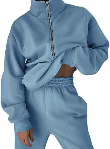 Cozypoin feminino lã de duas peças Time Half Zip Sweatshirt and Rankgers calças definidas