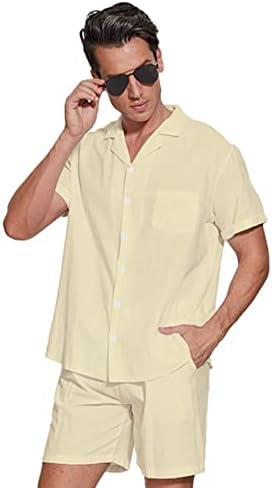 NHICDNS Camisa de botão de linho masculino Hawaiin Roupa de 2 peças Roupas de camisa de praia de férias casual