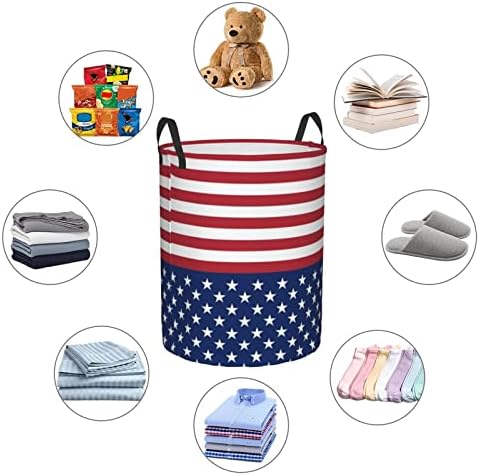 American Flag Stars Stripes redonda cesta de lavanderia, roupas grandes para armazenamento Oxford Ploth