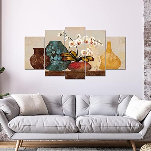 OUelegent 5 peças Orquídea Arte da parede Velra Flor vintage em vaso retrô Picture Artwork Farmhouse Still