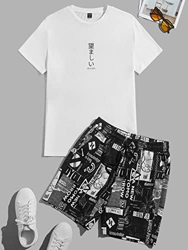 Roupas de duas peças para homens, camiseta gráfica japonesa e shorts de cintura