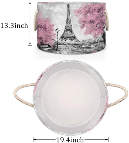 Eiffel Tower Tree Pink Grande cestas redondas para cestas de lavanderia de armazenamento com alças cestas