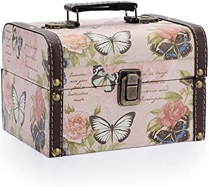 Elldoo Butterfly Tesouro Caixa de baú, madeira + caixa decorativa de armazenamento de couro PU para bugigangas