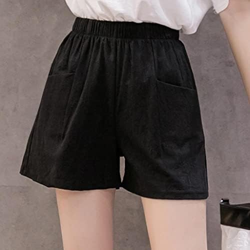 Shorts de linho Qifen para mulheres shorts casuais de cintura alta com bolsos shorts de perna larga de garotas preto preto