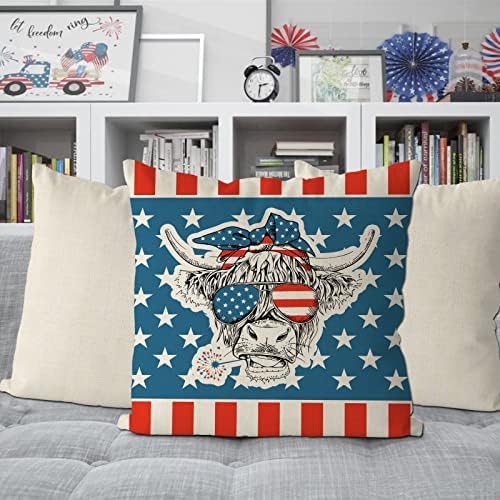 Gagec 4 de julho Capas de travesseiro de 18x18 polegadas Vaca engraçada com bandeira Americana Patriótico