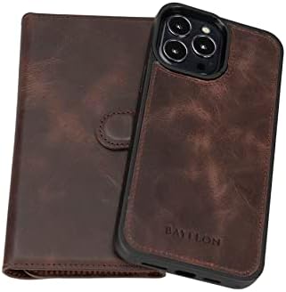 Bayelon iPhone 13 Pro Max Case, Caixa de carteira de couro de grãos completos, carteira de telefone magnética destacável, capa de flip com slots de cartão, kickstand, estojo para iPhone 13 Pro Max com MagSafe