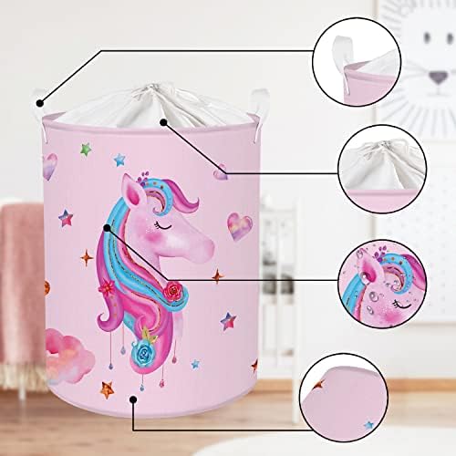CLASTELE 45L Pink Unicorn Kids Laundry dificultou a cesta de lavanderia dobrável adorável com cesta de armazenamento de brinquedos à prova d'água com cordilheira com alça, 14 * 17,7 em