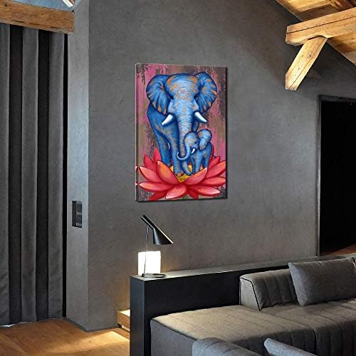 Sechars Pintura de elefante Arte da parede Blue Tribal Elephant Mom e Baby On Lotus Flower Poster
