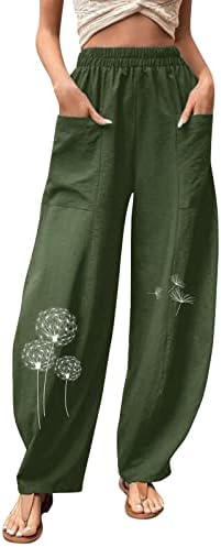 Calças de linho para mulheres casuais de harém de dente -de -leão com calças de sonda de bolso elástico boêmio