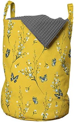 Bolsa de lavanderia da natureza lunarável, ilustração de flores florescendo borboletas, cesto de cesto com alças fechamento de cordão para lavanderia, 13 x 19, azedinha de laranja pálida