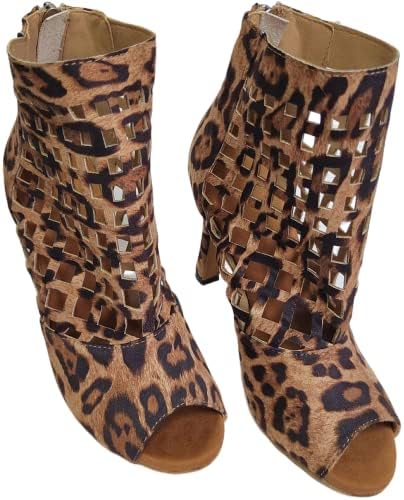 Beinimira Womens Hollow Out Latin Dance Shoes Peep Toe Toe Heel Leopard Boots Tango Latin Ballroom Chacha