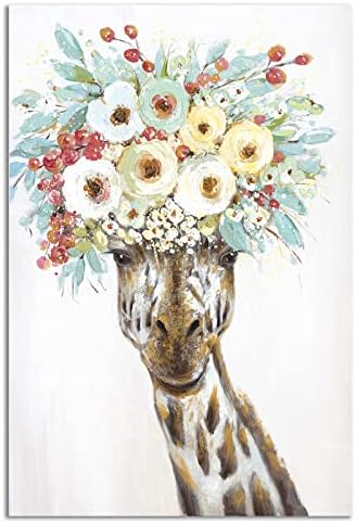 Cswmzqzy giraffe decoração de girafa fofa com flores 3d pintura a óleo artesanal imagens de animais