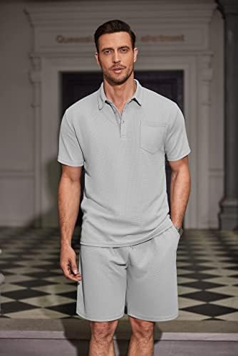 Coofandy Men's Waffle Knit Polo Camisa e shorts Definir 2 peças roupas de verão traje casual com