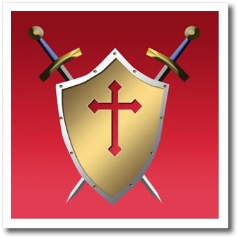 3drose ht_40074_3 escudo de ouro com espadas cruzadas e a cruz cristã e fundo no ferro vermelho cardeal na transferência de calor, 10 por 10 , para material branco