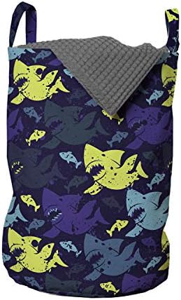 Bolsa de lavanderia náutica de Ambesonne, ilustração do estilo grunge de silhuetas de tubarão, cesto de cesto com alças fechamento de cordas para lavanderias, 13 x 19, Indigo Multicolor