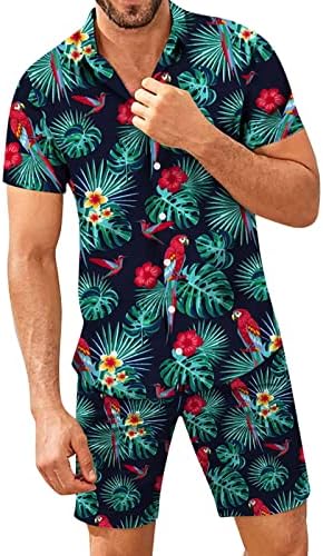 2 peças roupas de moda masculino masculino Summer Summer Casual casual casual abotoado camisa de manga curta impressa