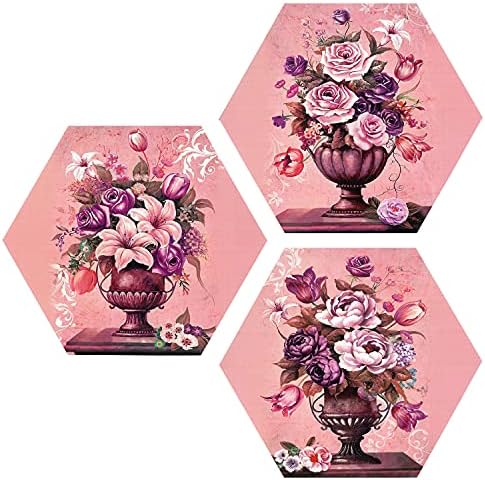 Conjunto de Indianara de 3 rosas coloridas nas peças do porto hexagon mdf pintura sem vidro