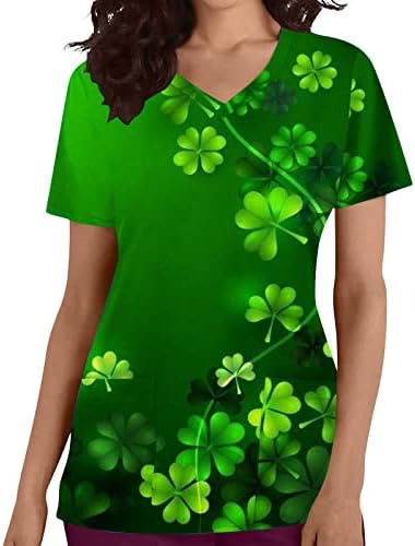 Scrub_top impresso para mulheres de caça curta de decote em V Camiseta Camiseta St. Patrick Lucky Shamrock Tunic Tops