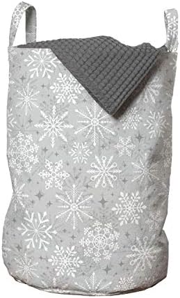 Bolsa de lavanderia de Natal de Ambesonne, vários tipos de flechas de neve estrelas no inverno frio, cesto de cesto com alças fechamento de cordas para lavanderia, 13 x 19, cinza branco