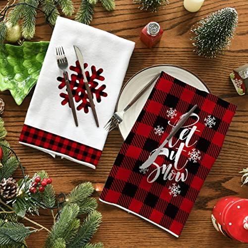 Modo Artóide Buffalo Plaid Snowflake Toalhas de cozinha de Natal, toalhas de prato, 18x26 polegadas Let
