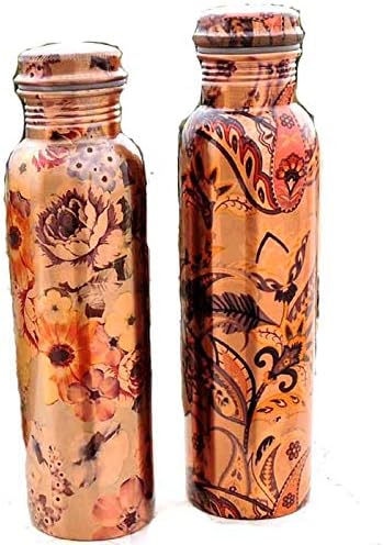 Arte moderna de cobre puro impresso com garrafa de água de cobre de laca externa para fins de viagem, academia, Yoga 950 ml de conjunto de 2