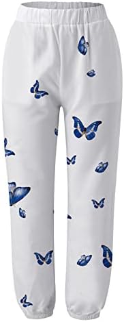 Calça de linho de algodão feminina Long Plus Size Butterfly Imprimir calças retas Cantura elástica calça de moletom leve com bolsos