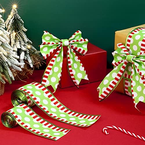 2 Rolls Christmas Ribbon Wired Dots com faixas de listras embrulhadas em tecido colorido fita de