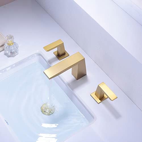 2 Manuseie torneiras de banheiro generalizadas para pia de 3 orifícios com válvula de misturador de latão e conjunto de drenagem pop -up de aço inoxidável para banheiro/banheiro vaidade, ouro escovado de ouro