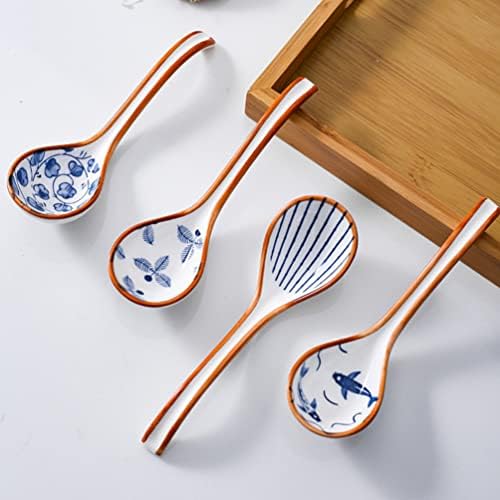 Colheres de sopa retrô japonesa e raily: 4pcs sopa de cerâmica colheres de estilo japonês estilo fogão de arroz talheres asiático chineses que servem colheres de aperitivos parceiros de refeição de tabela