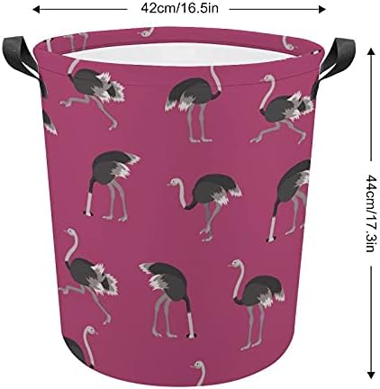 Bolsa de lavanderia de padrão de avestruz dos desenhos animados com alças cestas de armazenamento à prova d'água redonda dobrável 16,5 x 17,3 polegadas