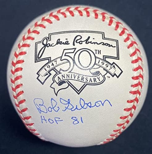 Bob Gibson Hof 81 assinou Jackie Robinson Logo Baseball JSA - bolas de beisebol autografadas