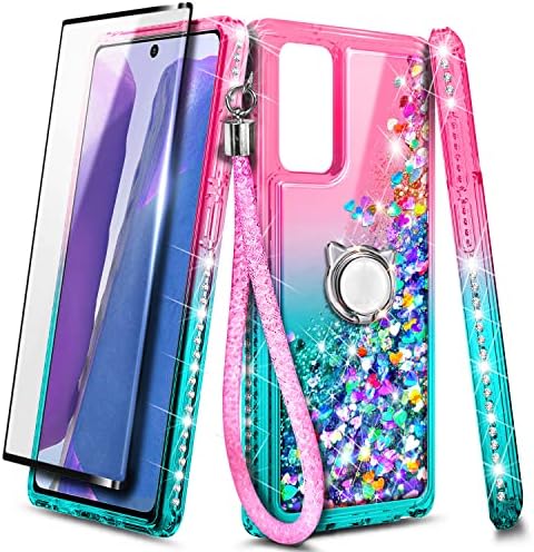 NZND Compatível com a caixa Samsung Galaxy A13 4G/5G com protetor de tela de vidro temperado, suporte do anel/pulseira, cinta líquida de glitter cachoeira flutuante meninas