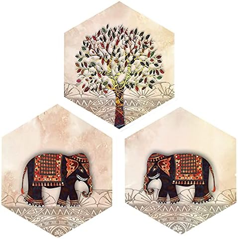 Conjunto Indianara de 3 Árvore e Par de Elefantes Modernos Arte Hexagon Pintura MDF Pintura sem vidro