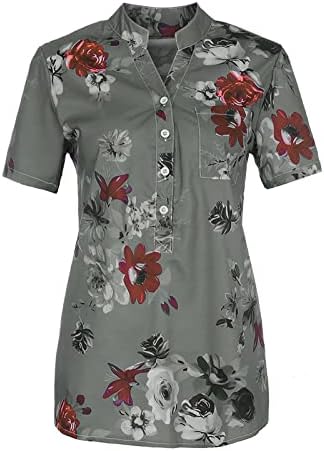 Ladies Summer tops retro floral impressa túnicos de manga curta casual solto 1/4 botão para baixo tshirts